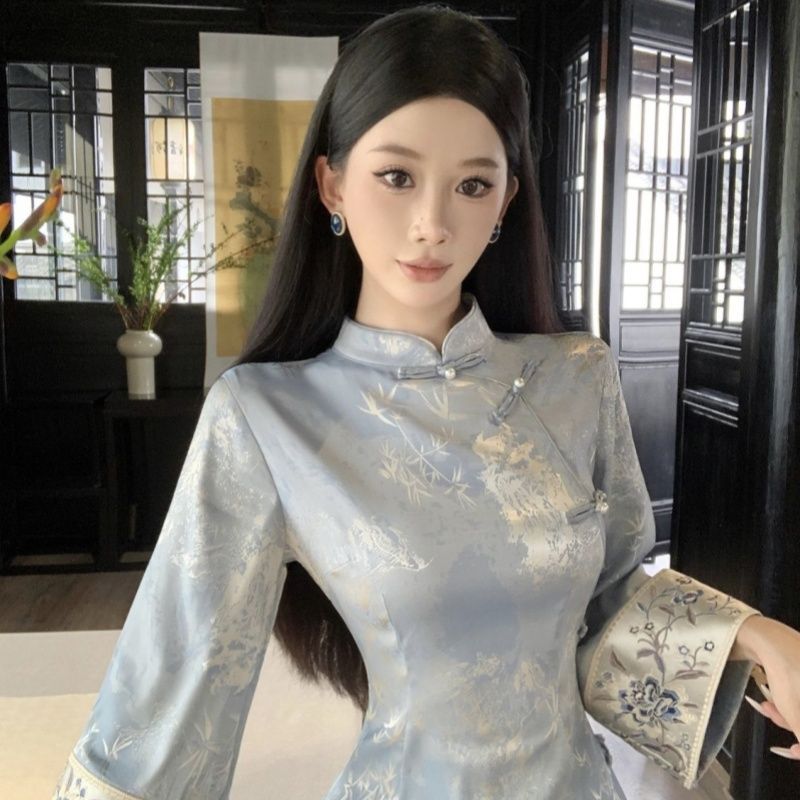 New Chinese Style Blue Embroidered Slim-Fit Modified Qipao Dress with Bamboo Leaf Print