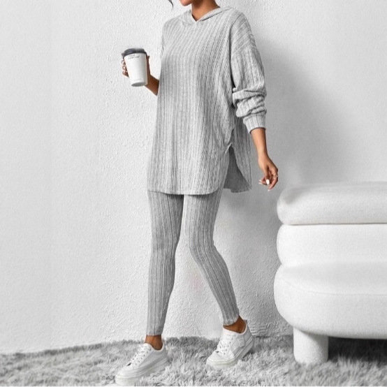 Women's Ribbed Knit Hooded Long Sleeve Lounge Set