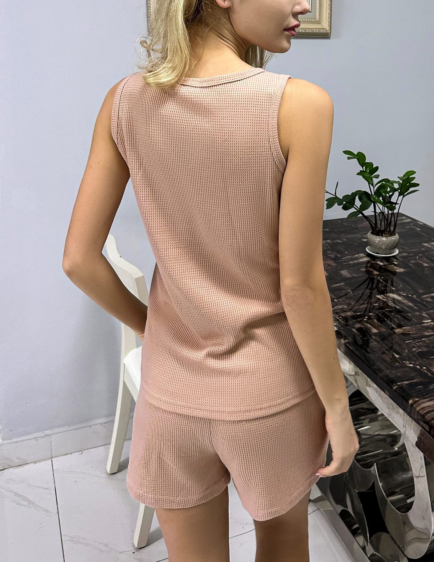 Women's V-Neck Tank Top and Shorts Set Waffle Knit Loose Casual Sportswear