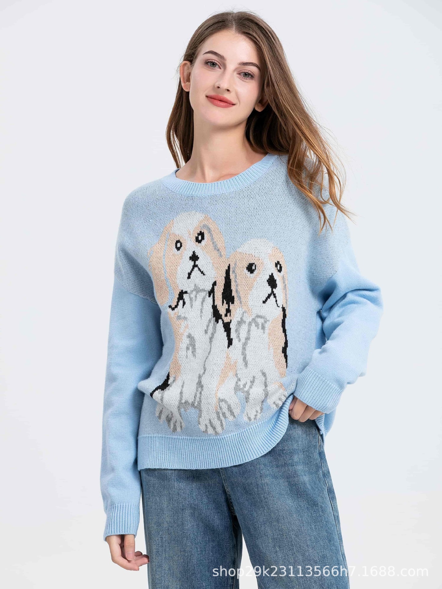 Women's Thick Knit Crewneck Pullover Sweater with Dog Print