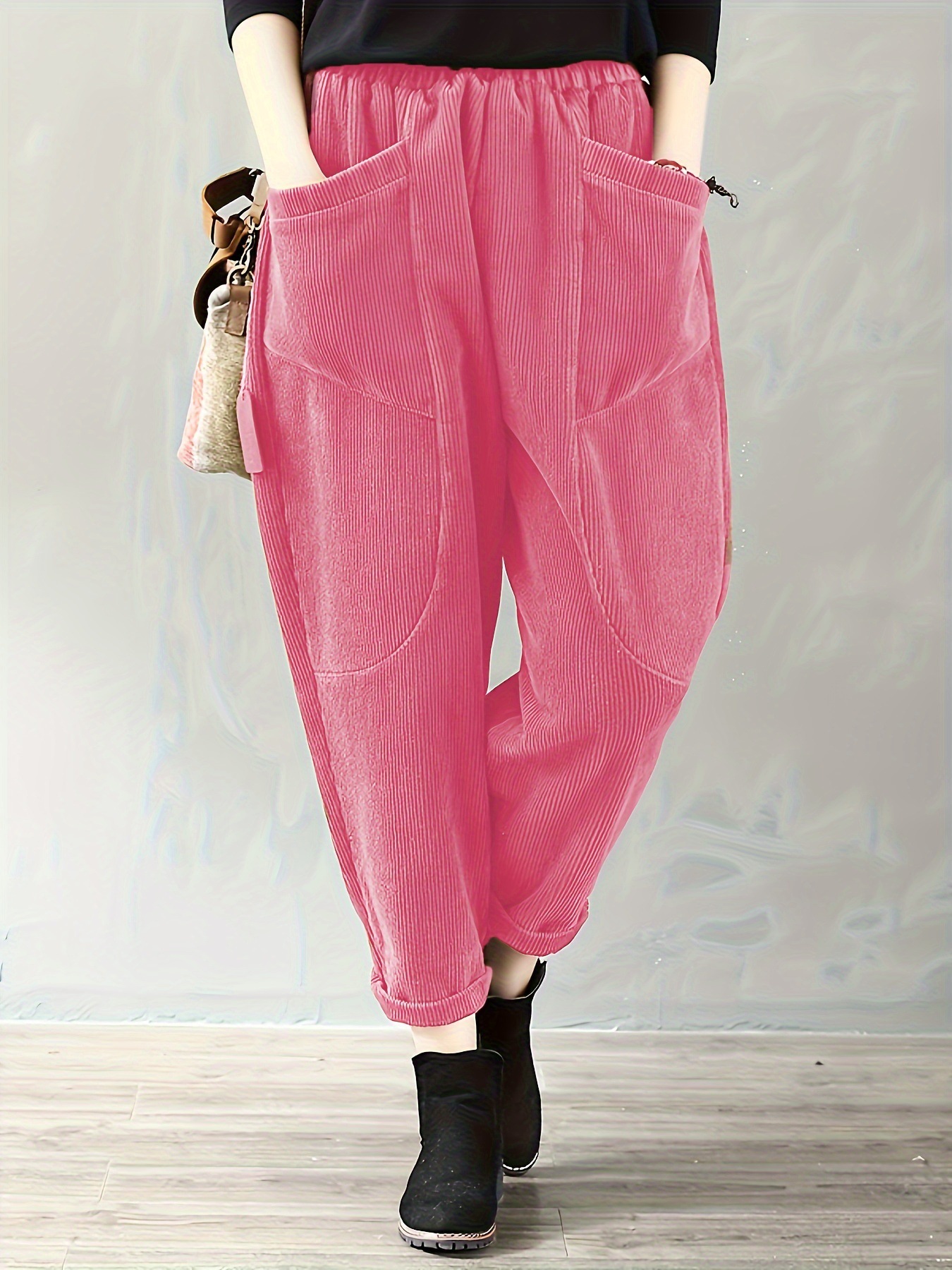Women's Corduroy Elastic Waist Wide Leg Pants Plus Size