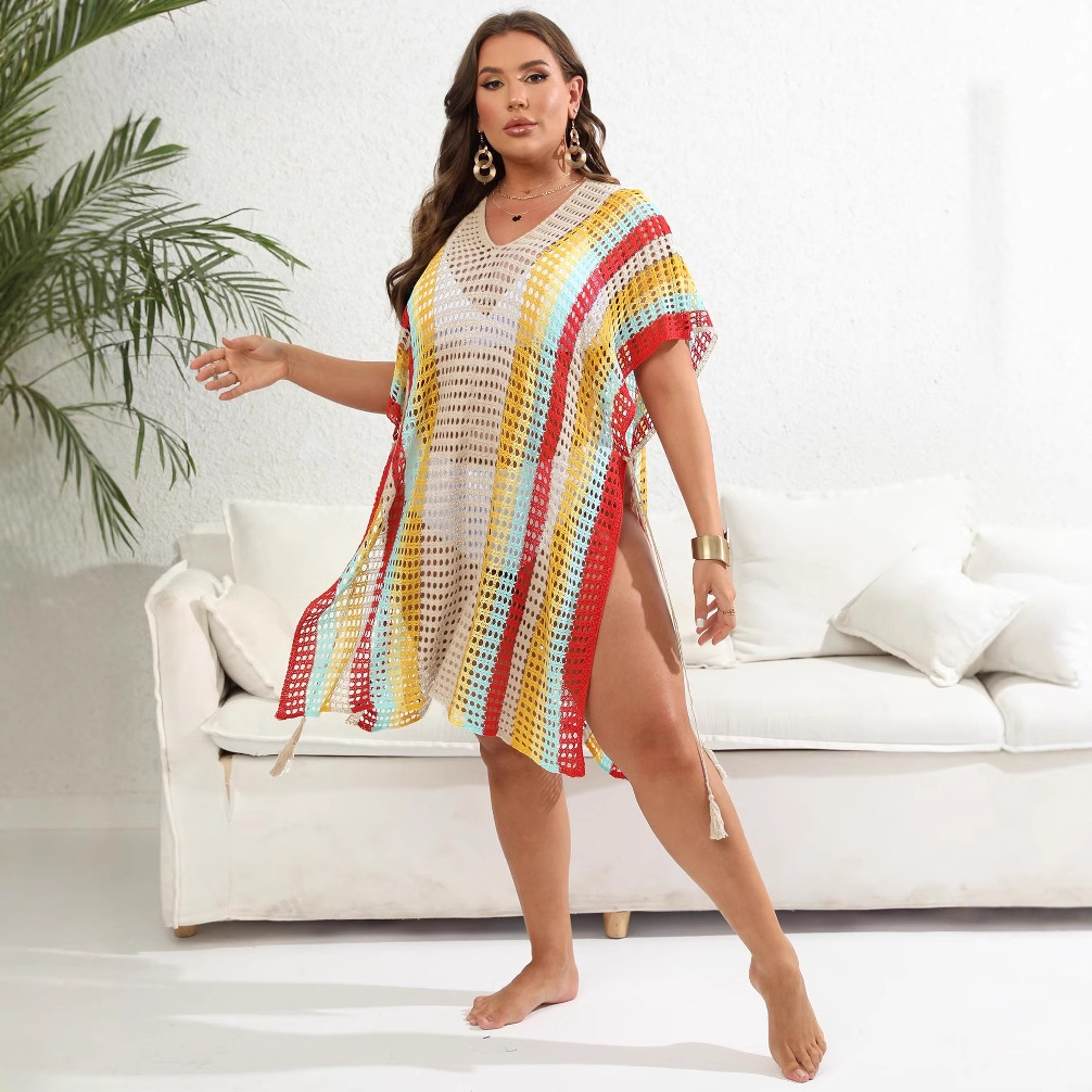 Women's Plus Size Colorblock Cutout Beach Bikini Cover-Up Tie Dress