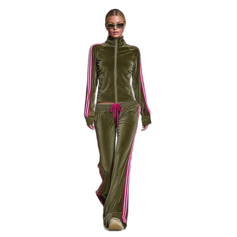 Women's Velvet Tracksuit Set High Neck Zip Jacket & Wide Leg Pants 2-Piece