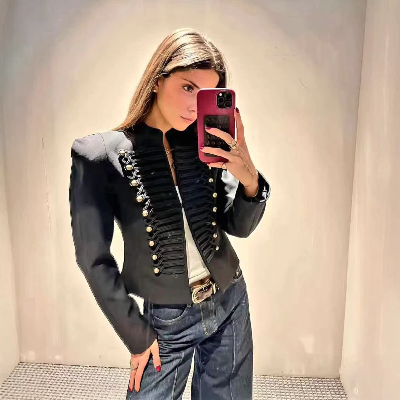 Women's Stand Collar Spliced Button Jacket