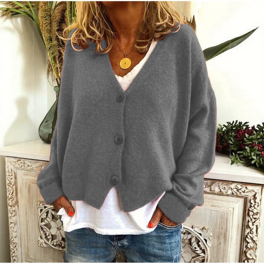 Solid V-Neck Knit Top with Front Button Detail, Loose Cropped Long Sleeve