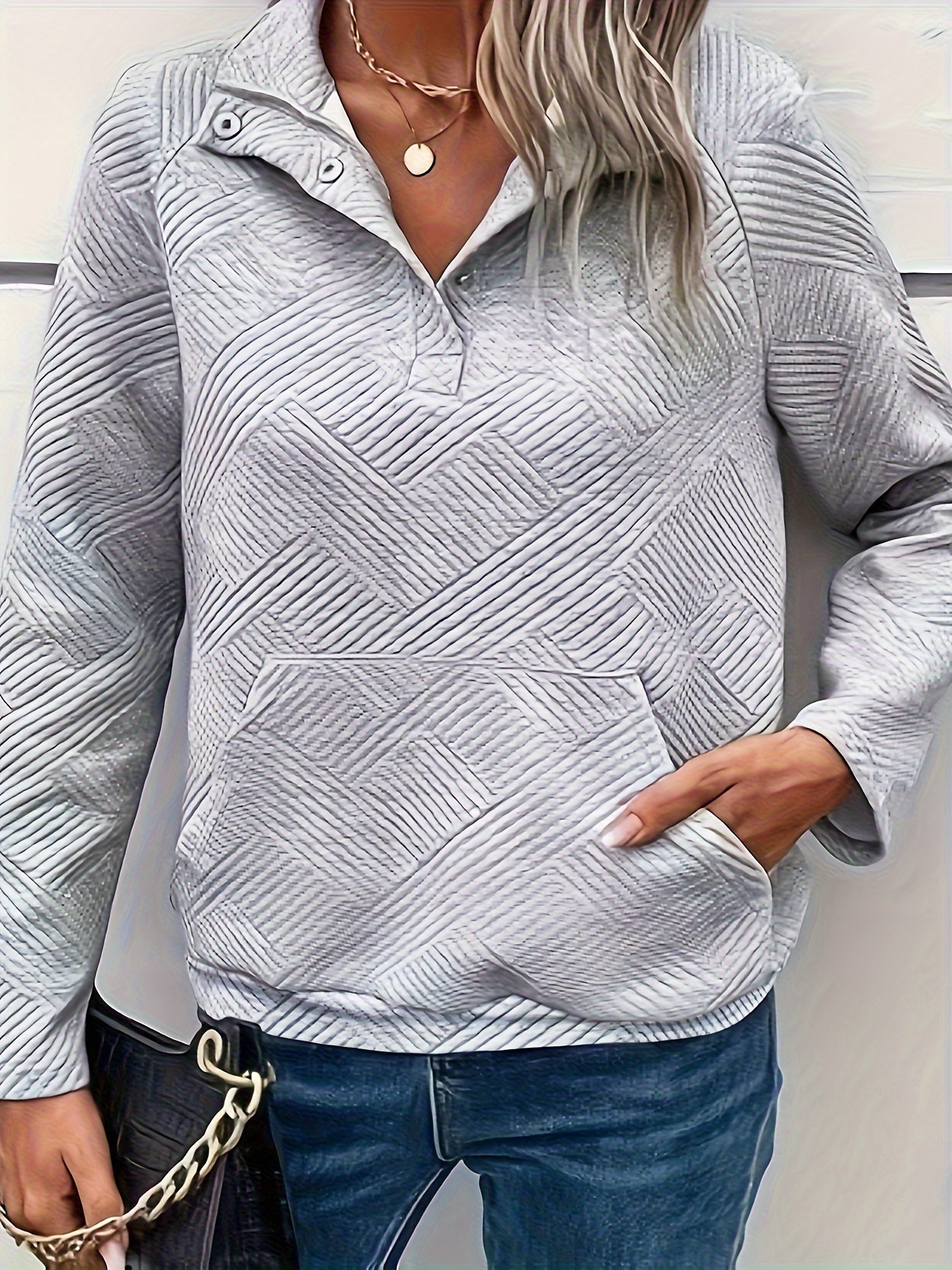 Solid Textured Buttoned Collared Long-Sleeve Sweatshirt Loose Fit