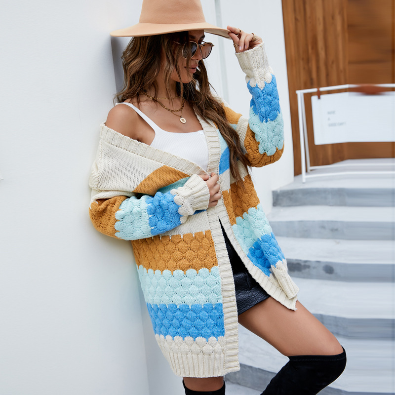 Women's Color-Block Knit Cardigan Sweater Coat Loose Mid-Length
