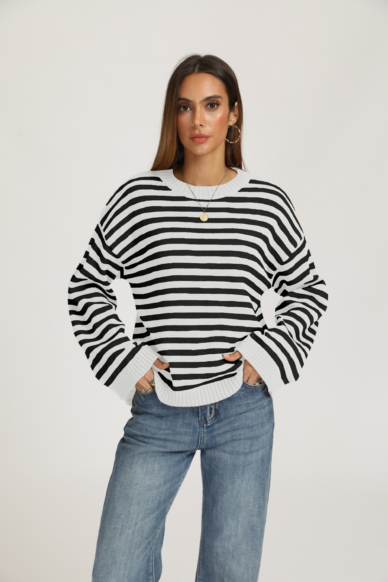Striped Crewneck Pullover Sweater Loose Knit Top