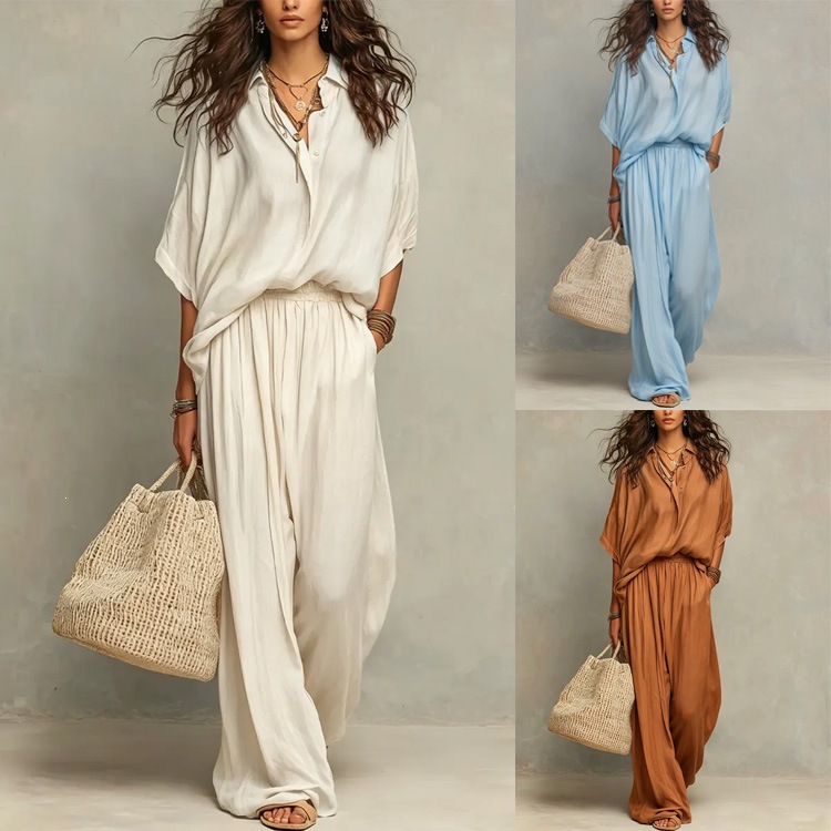 Women's Casual Cotton-Linen Shirt and Wide-Leg Pants Set