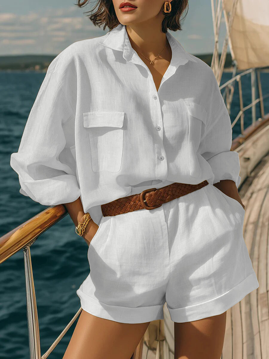 Women's Solid Color Cotton-Linen Loose Button-Front Shirt and Shorts Casual Set