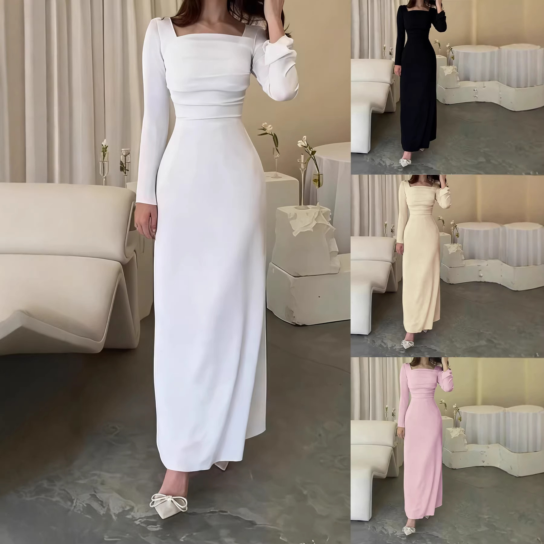 Women's Square Neck Long Sleeve Knit Dress Slim Fit Long Dress