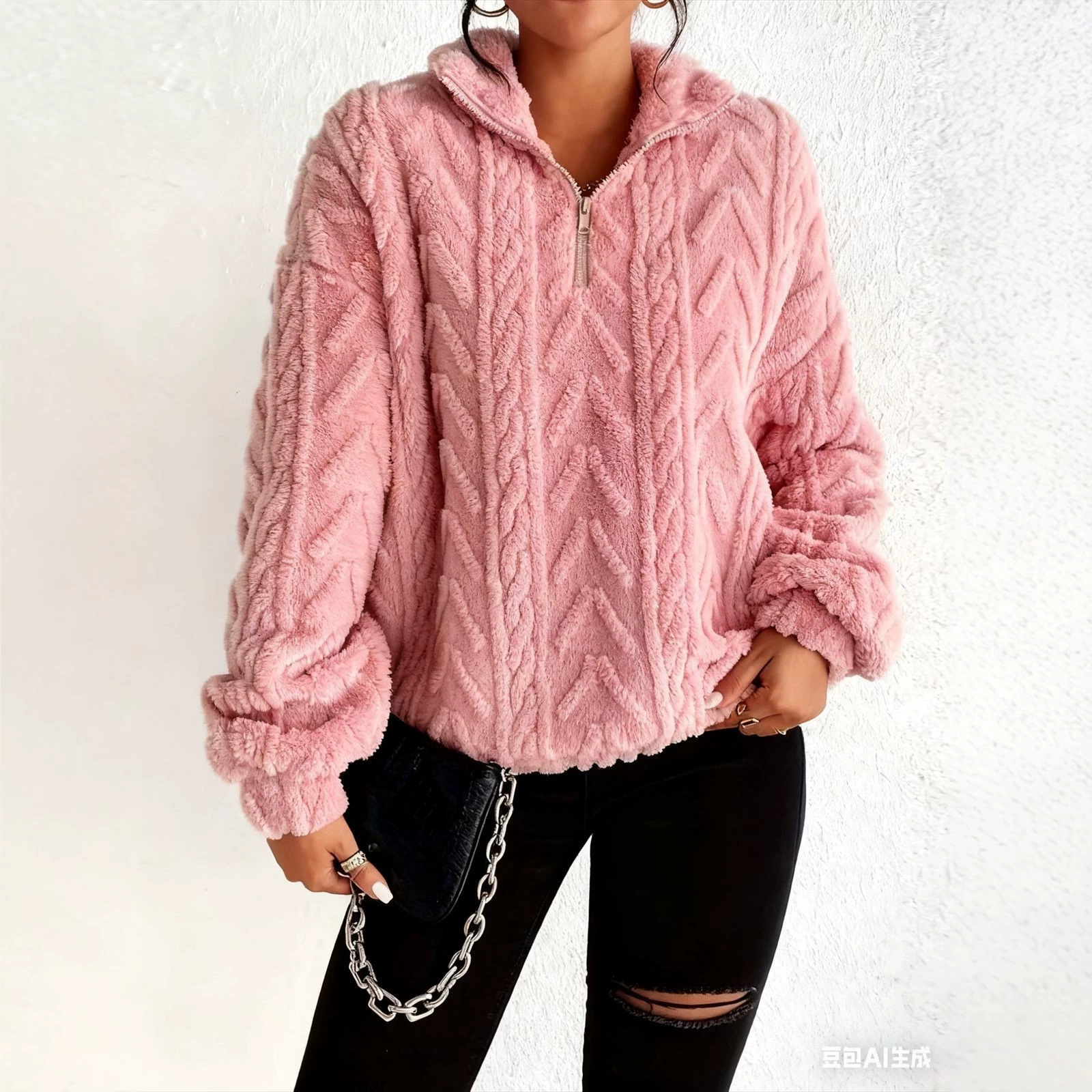 Women's Double-Sided Fleece Pullover Zip-Up Top