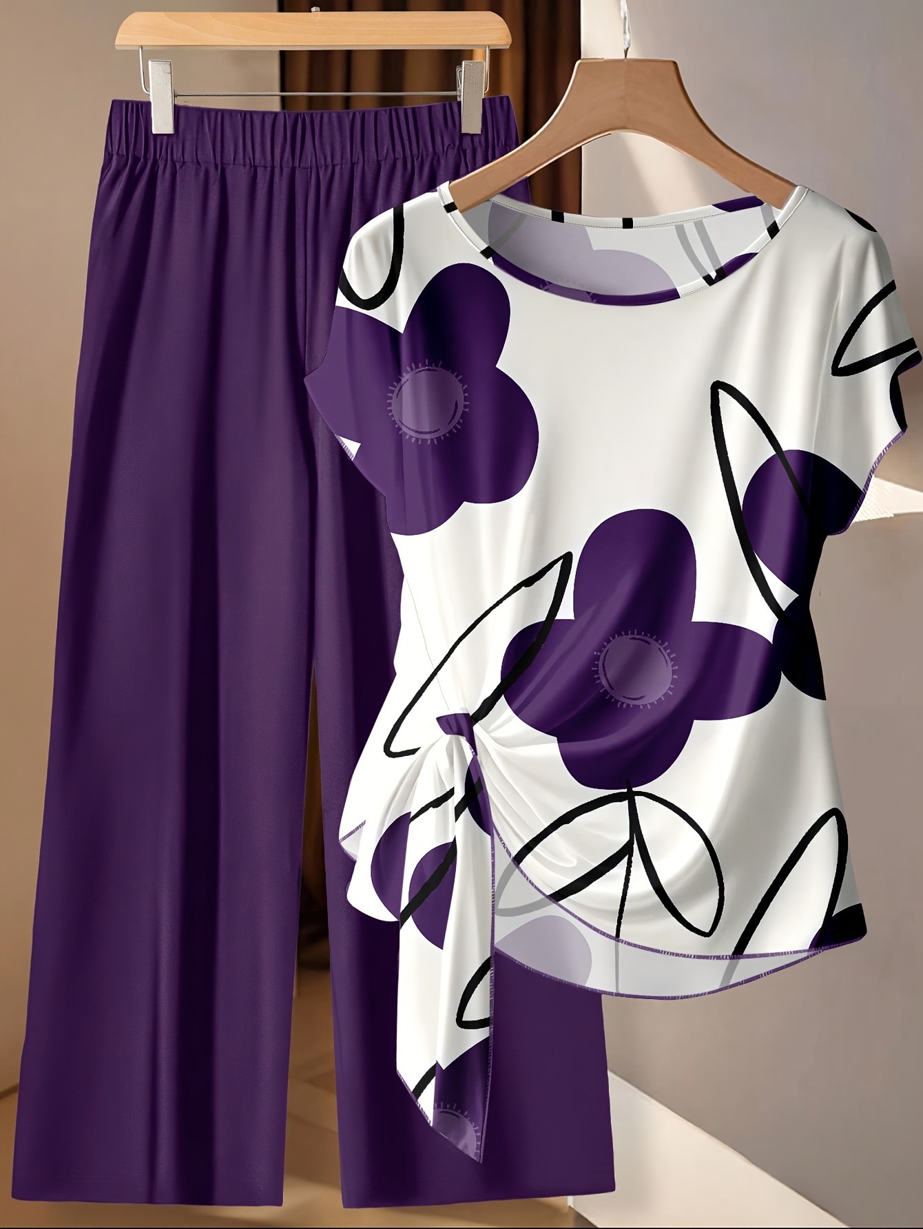 Floral Print Short Sleeve Top and Pants Set