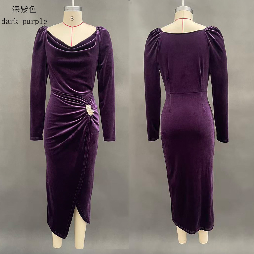 Women's Velvet Long Sleeve Ruched High Slit Bodycon Dress