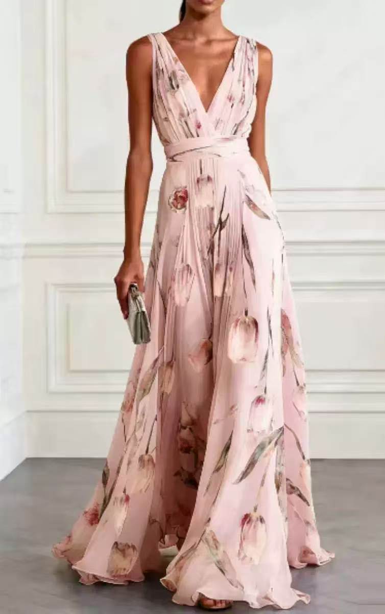 Tulip Print Sleeveless V-Neck A-Line Maxi Dress