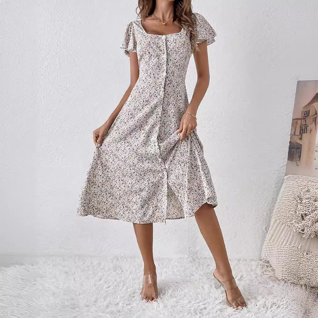 Floral Print Square Neck Short Sleeve Maxi Dress