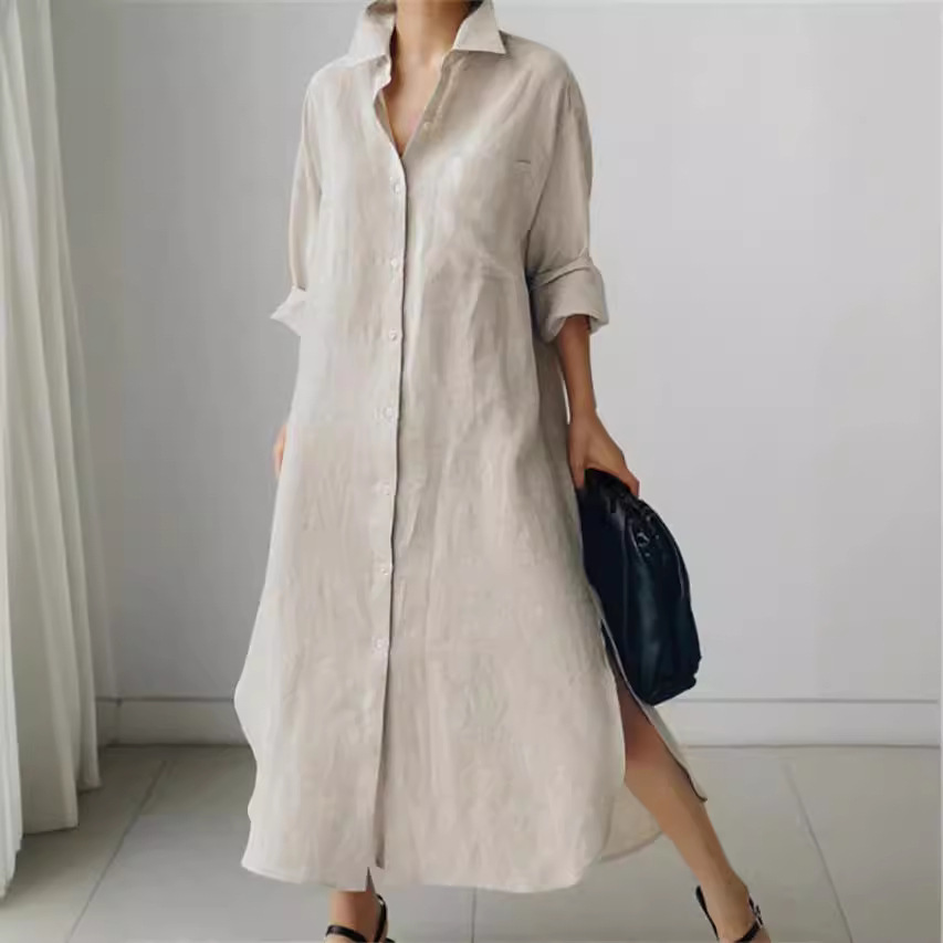 Cotton-Linen Button-Front Shirt Dress Long Asymmetrical Hem