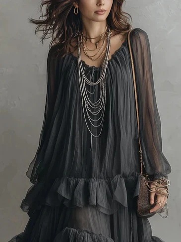 Sheer Chiffon Long Sleeve Tiered Ruffle Maxi Dress