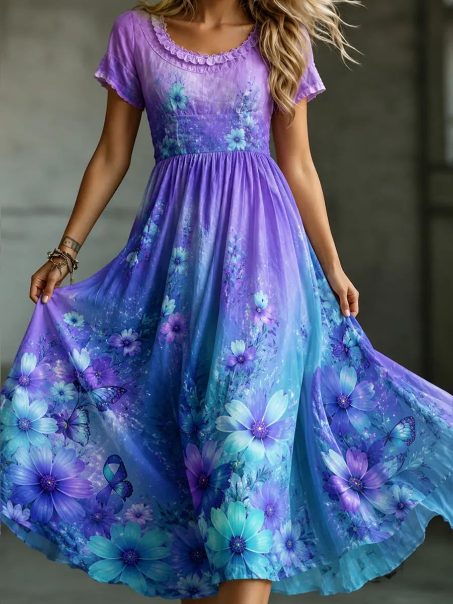 Women's Floral Print Ruched Midi Dress Crew Neck Half Sleeve