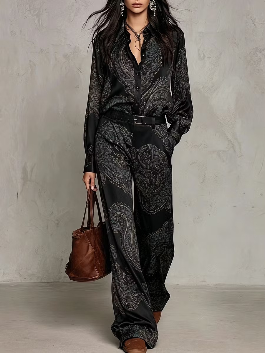 Paisley Print Long-Sleeve Shirt and Wide-Leg Pants Set