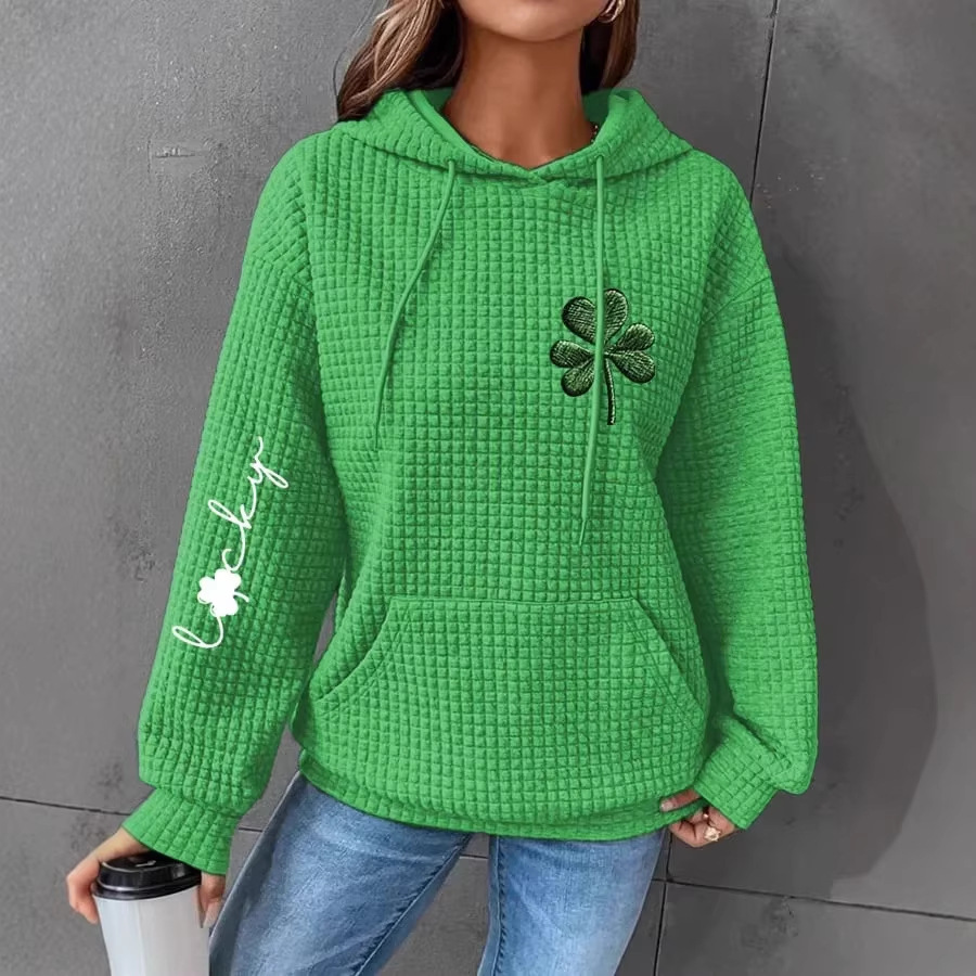 Four-Leaf Clover Waffle Print Women's Casual Hoodie