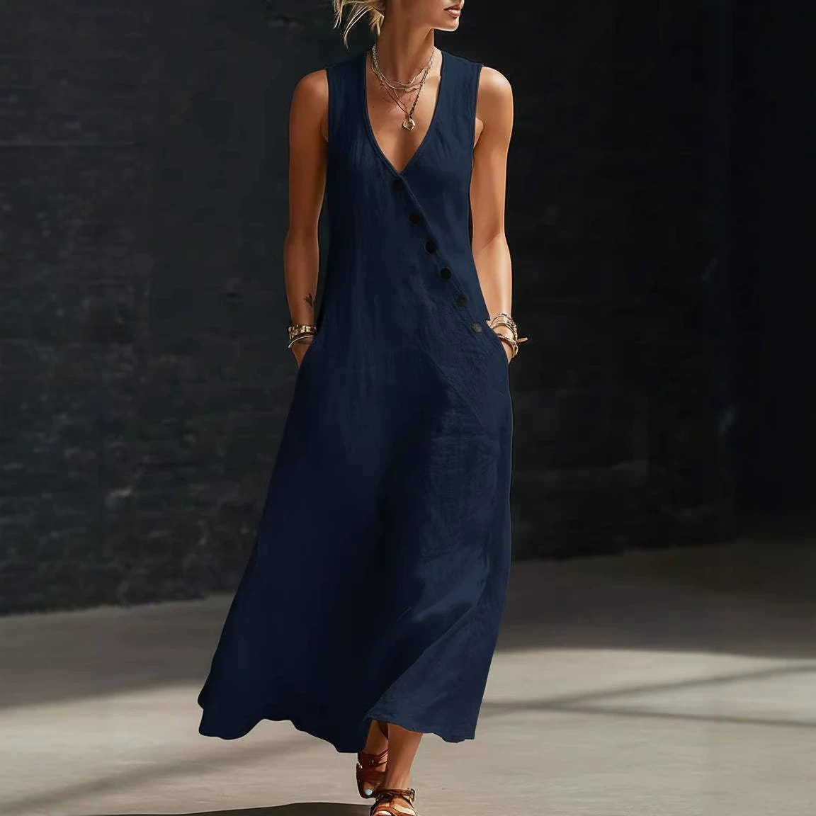 V-Neck Sleeveless Asymmetric Button Long Dress