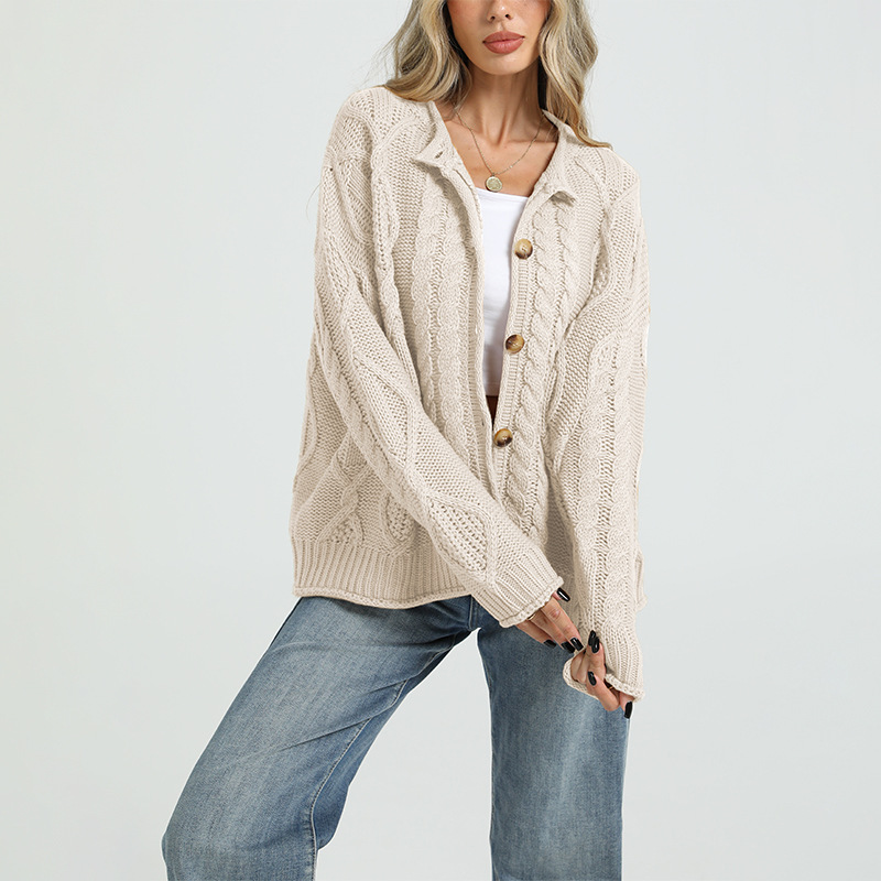 Women's Cable-Knit Cardigan Sweater Loose Fit Button-Up