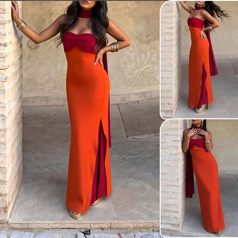 Elegant Ribbon Accent High-Slit Evening Dress with Spliced Design