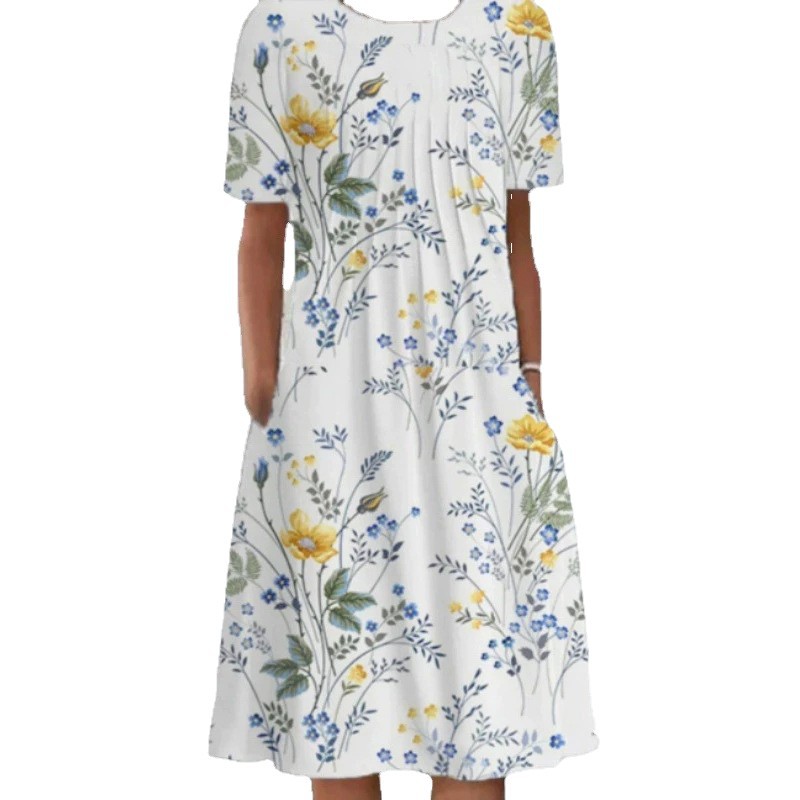 Plus Size Floral Print Short Sleeve Round Neck Midi Dress