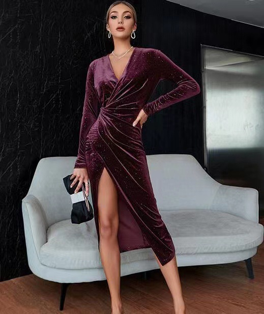 Women's Velvet V-Neck Asymmetrical Dress