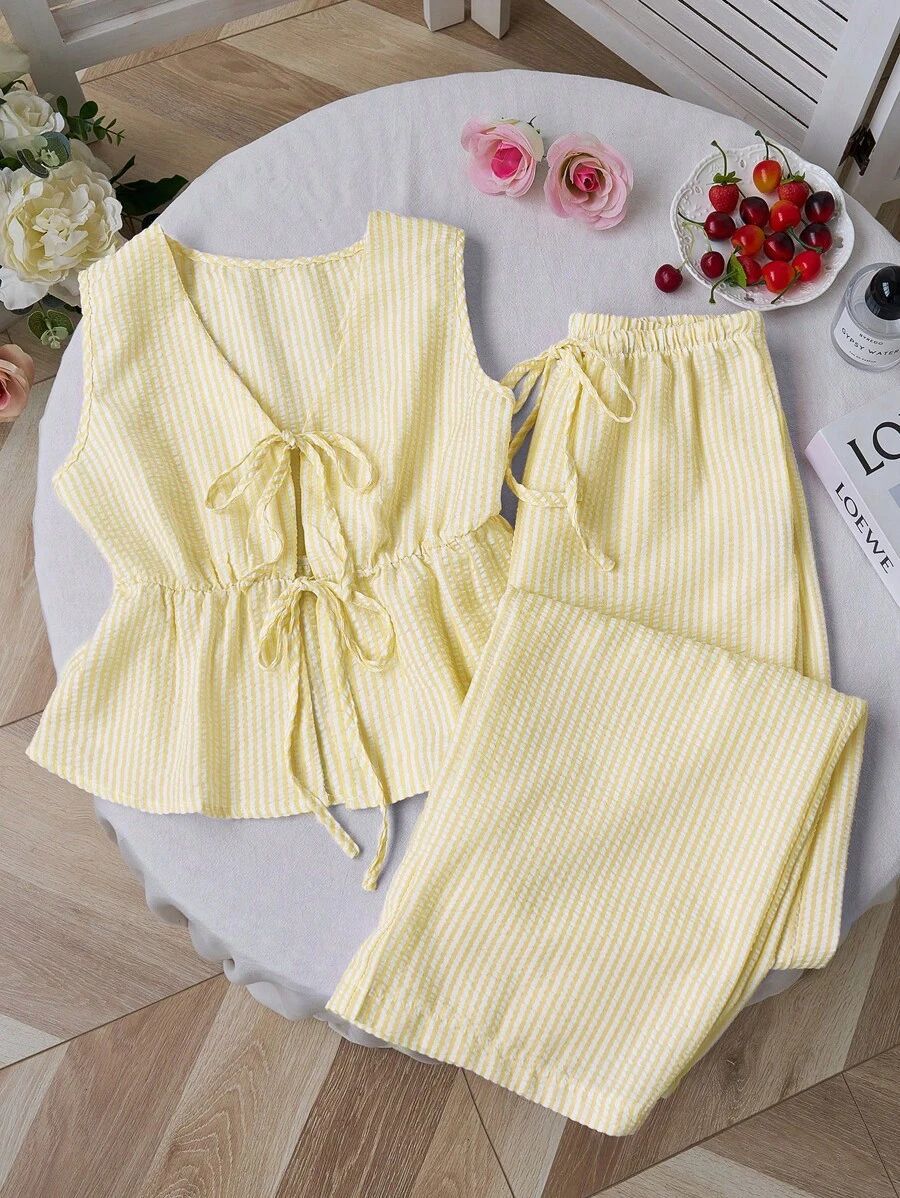 Striped Sleeveless Tank Top and Wide-Leg Pants Set