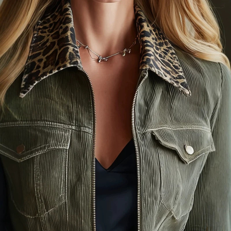 Retro Leopard Trim Zip-Up Olive Jacket