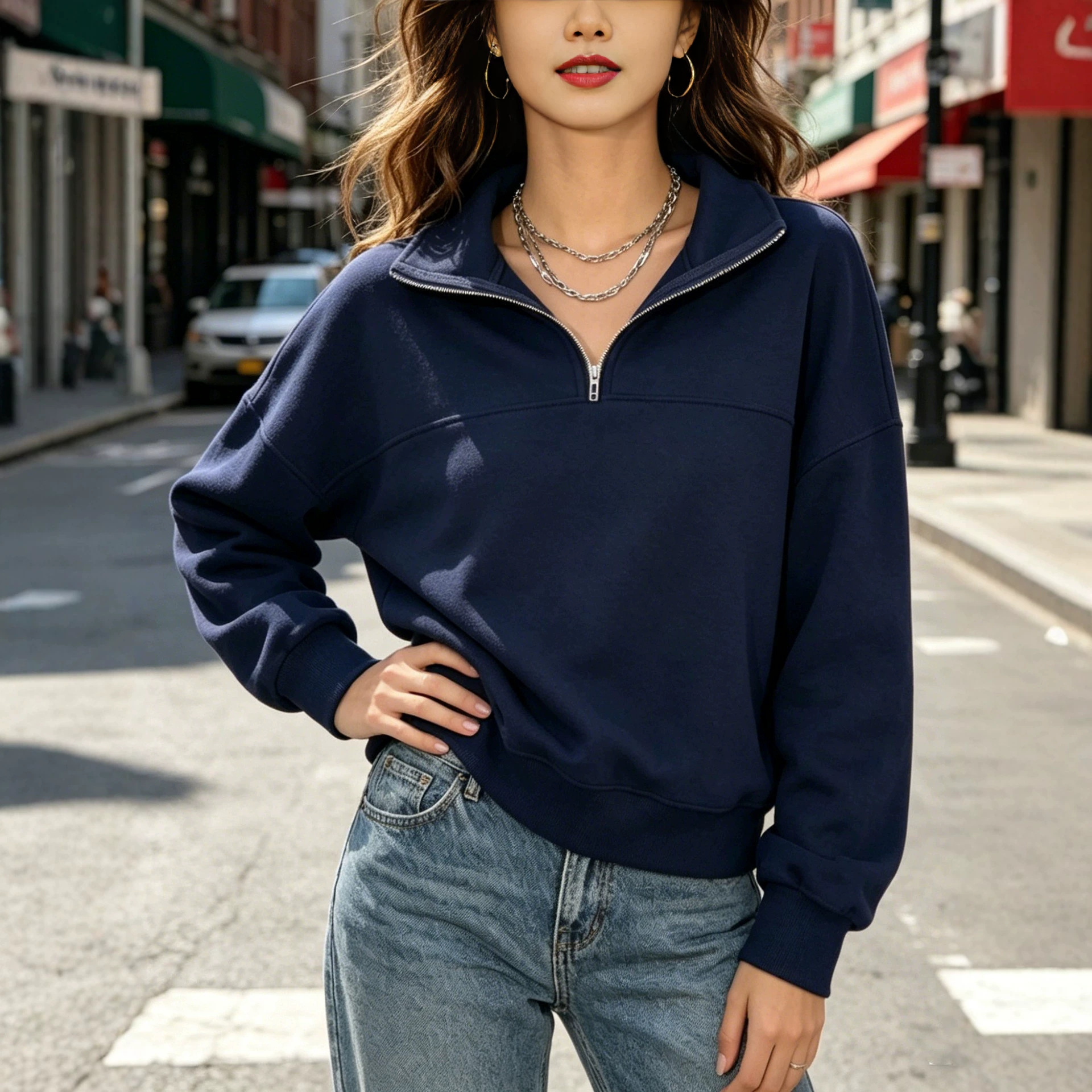 Fleece-Lined Half-Zip Solid Color Loose Fit Collared Sweatshirt for Women