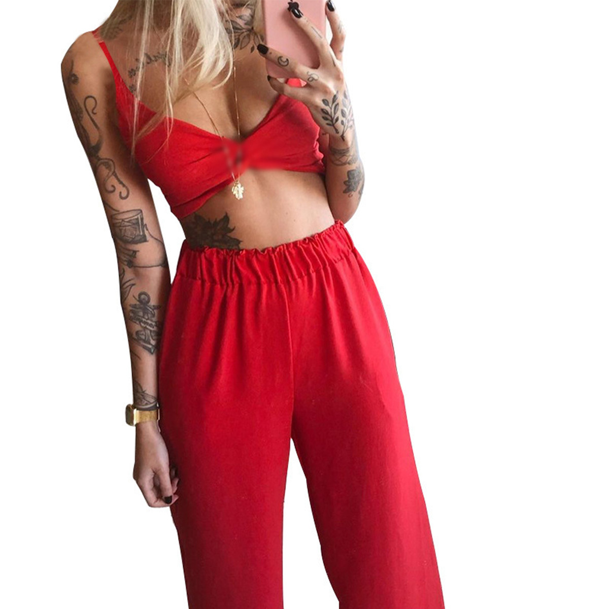 Butterfly Print Tube Top and Wide-Leg Pants Two-Piece Set
