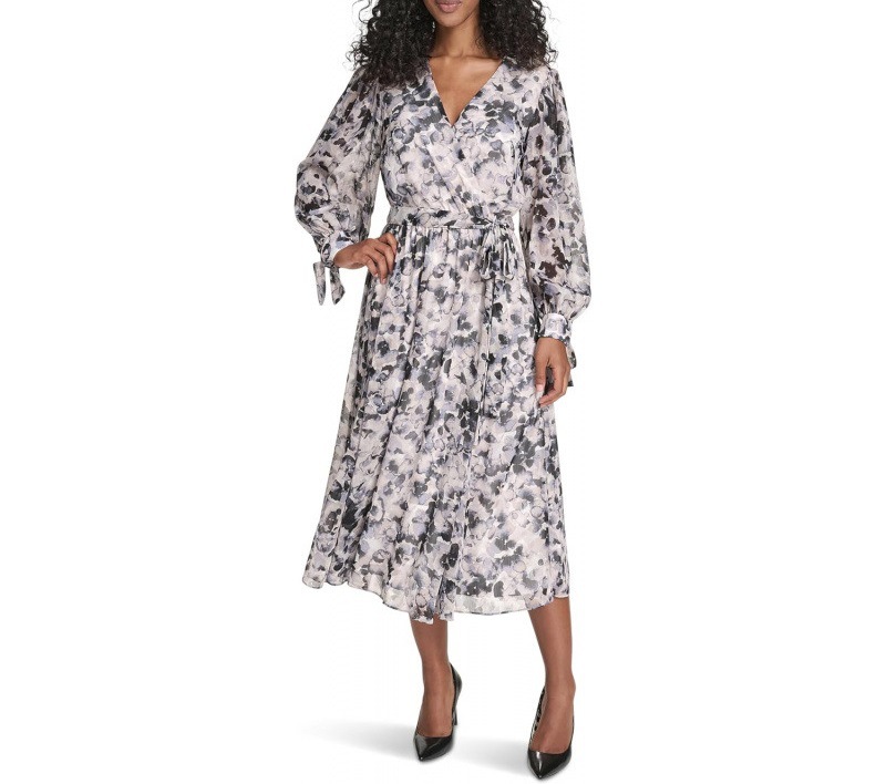 Long Sleeve V-Neck Chiffon Tie Midi Dress