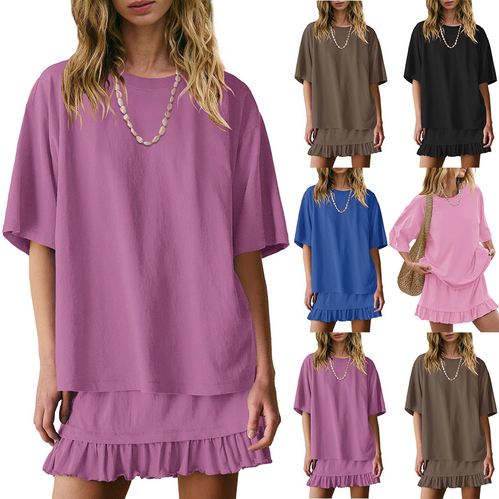 Women's Two-Piece Short Sleeve Top and Mini Skirt Set with Ruffle Trim