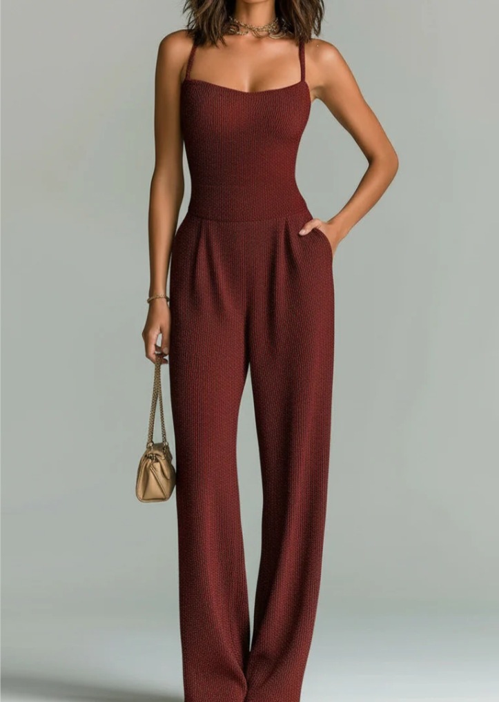 Women's Ribbed Knit Sleeveless Wide-Leg Jumpsuit Solid Color