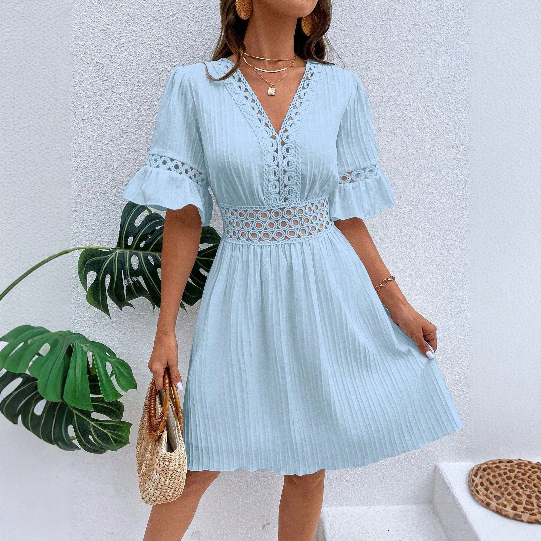 Women's Summer Lace-Trim V-Neck Waist-Defined Solid Dress