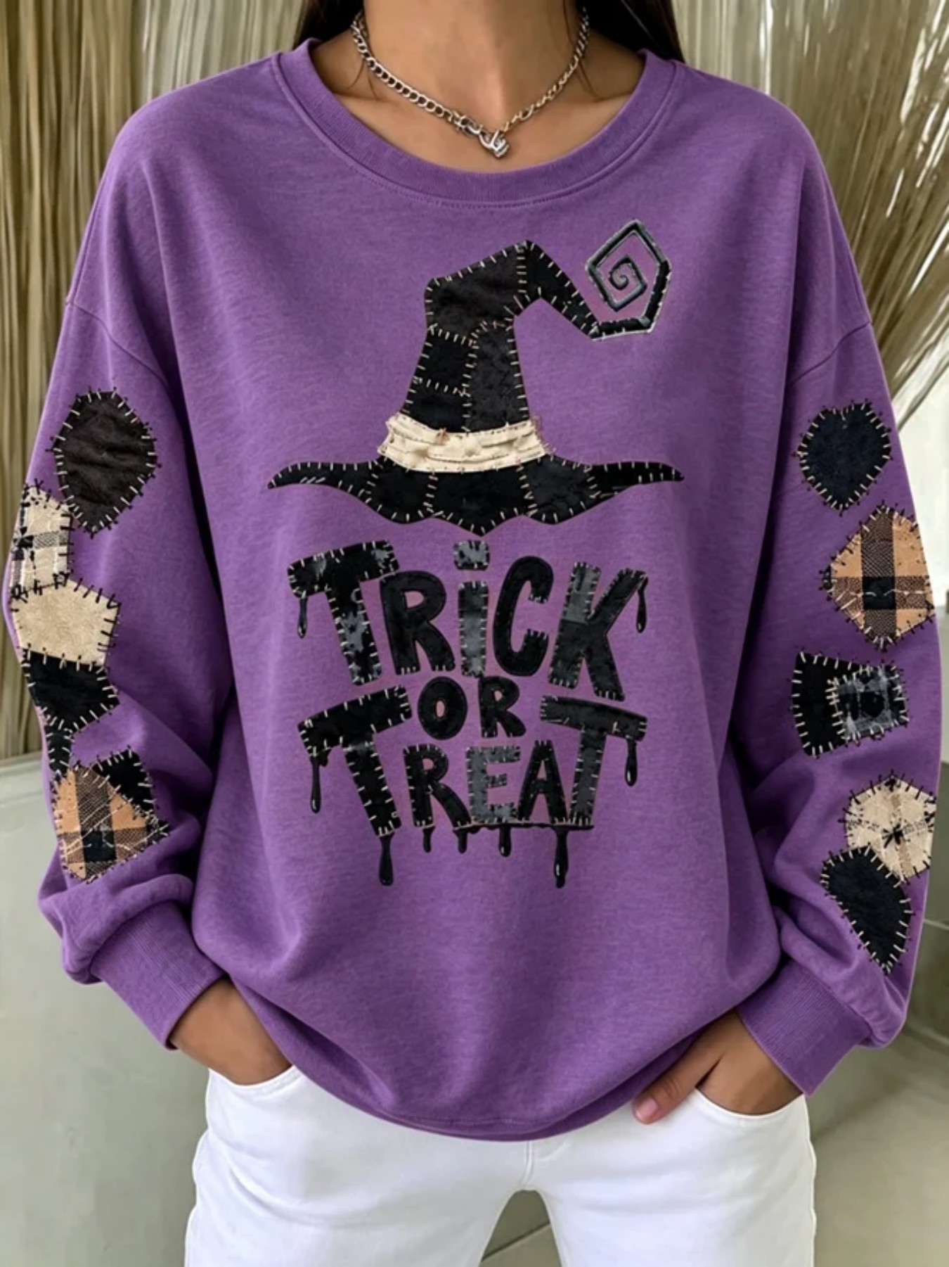 Halloween Witch Hat Letter Print Long Sleeve Pullover Sweatshirt