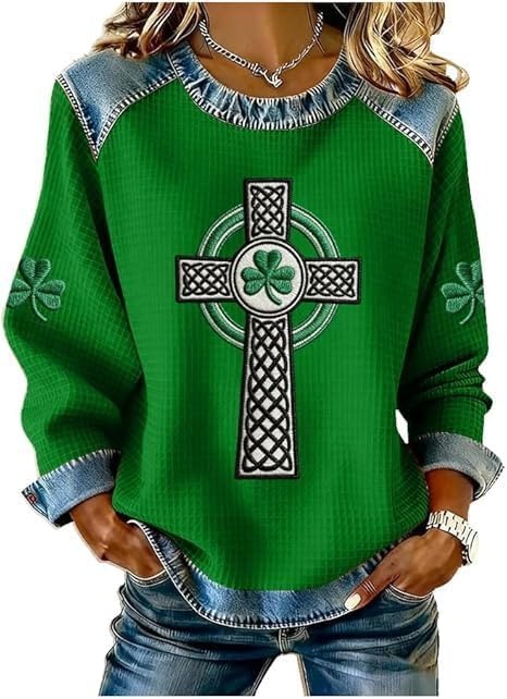 Women's Clover Print Waffle Knit Crewneck Sweatshirt