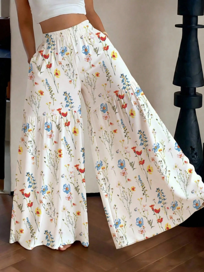 High-Waist Floral Wide-Leg Pants Casual Loose Fit