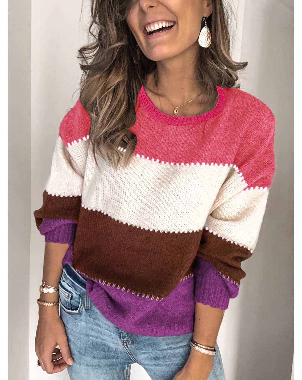 Women's Color-Block Crewneck Midi Loose Knit Sweater