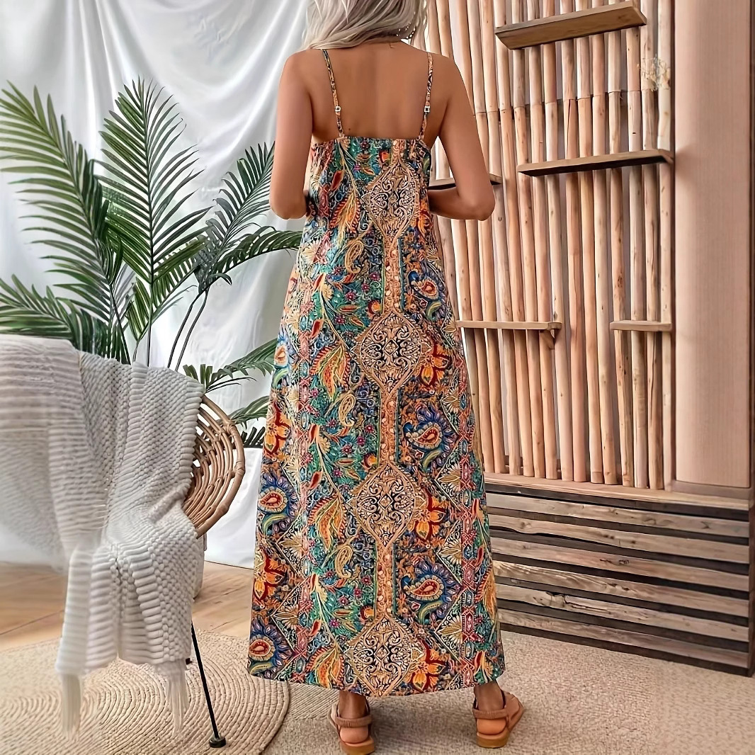 Women's Bohemian V-Neck Sleeveless A-Line Maxi Dress Floral Print