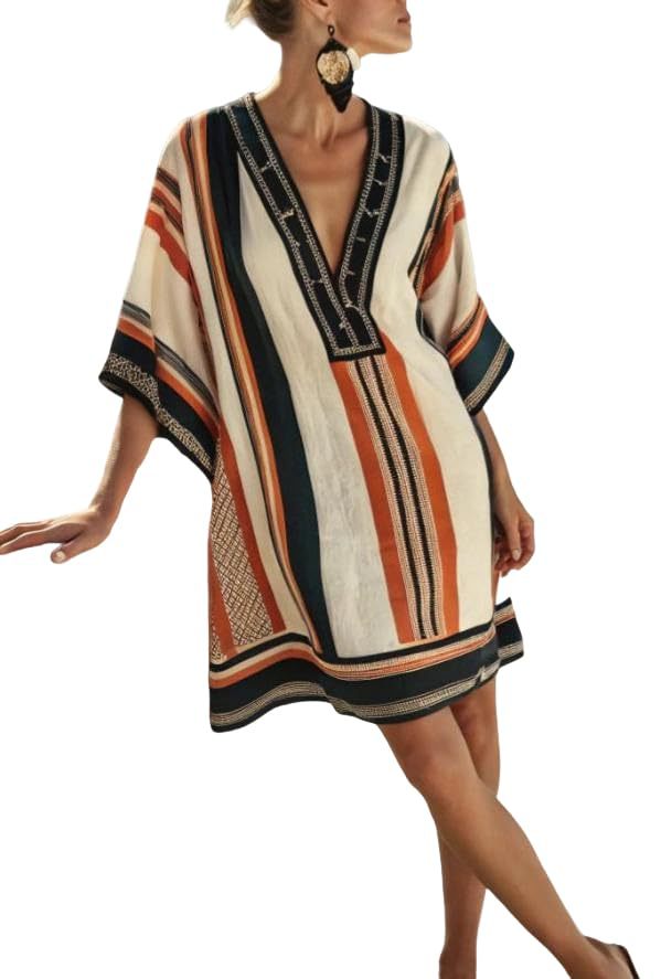 Women's Striped Floral Print Midi Dress Deep V-Neck Sleeveless Slim Fit