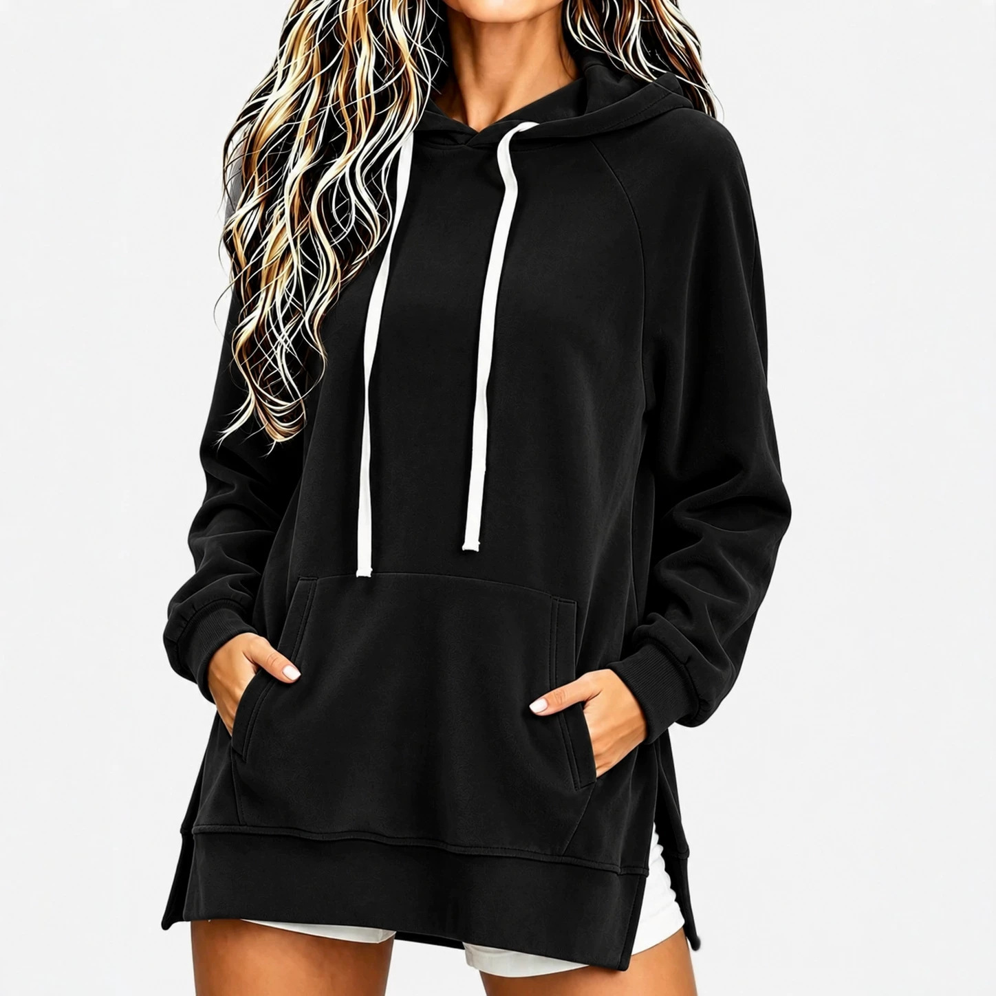 Women's Velvet Hooded Loose Mid-Length Pocket Sweatshirt