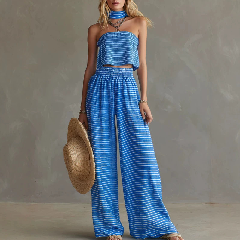 Blue Striped Off-Shoulder Top and Wide-Leg Pants Set