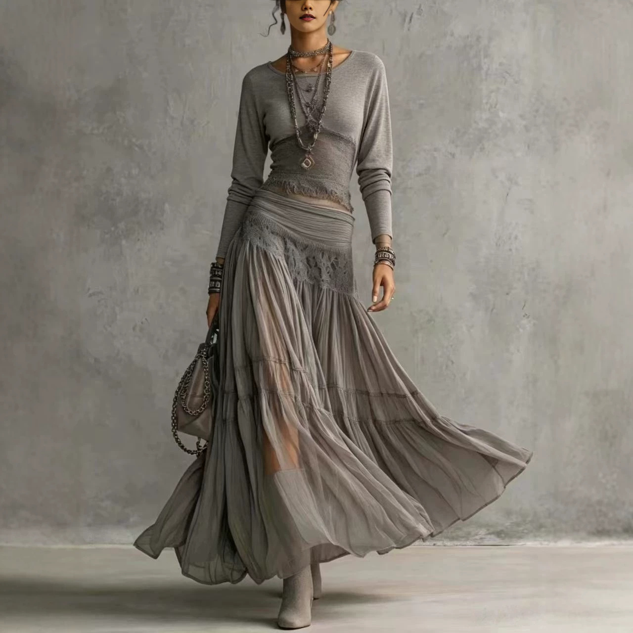 Gray Knit Top & Chiffon Maxi Skirt Two-Piece Set