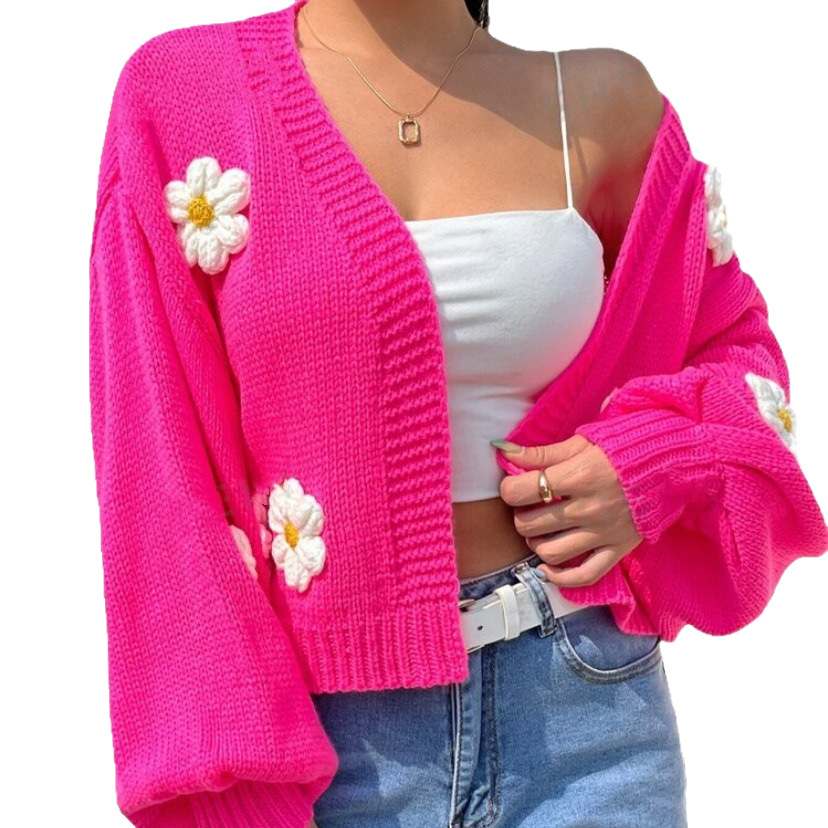 Women's 3D Floral Cardigan Sweater Short Loose Knit V-Neck