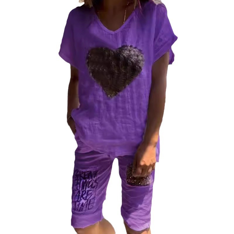 Women's Casual Loose Heart Sequin Cotton-Linen Two-Piece Set