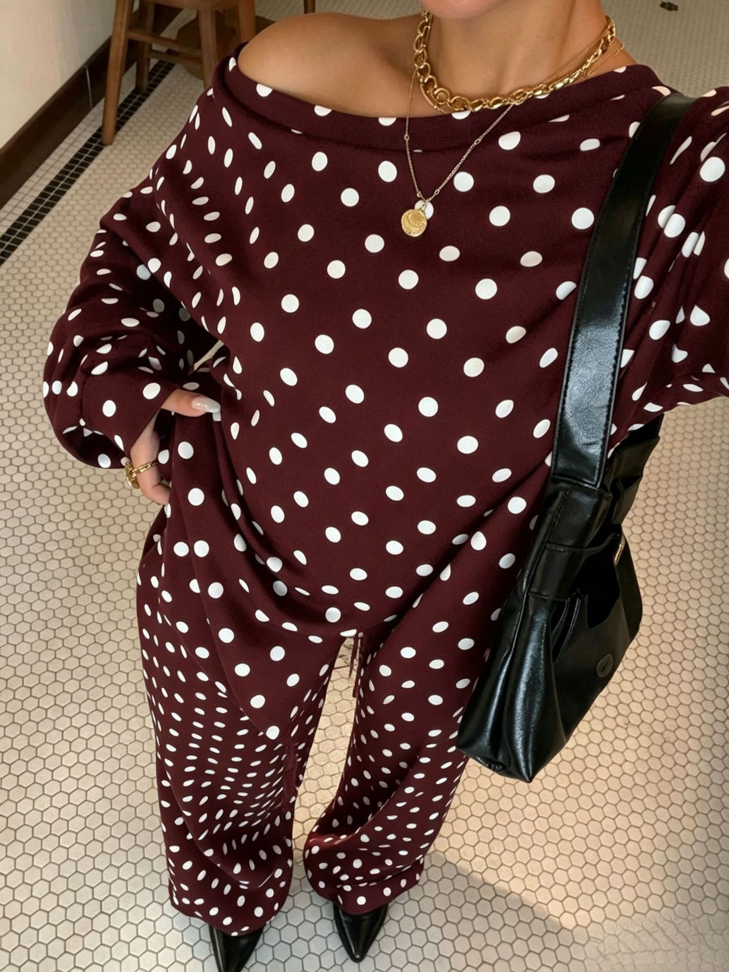 Women's Polka Dot Print One-Shoulder Long Sleeve Drawstring Pants Casual Two-Piece Set